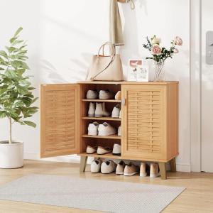 Giantex Shoe Cabinet with Doors, 4-Tier Farmhouse Shoe Rack Cabinet with 3 Adjustable Shelves, Freestanding Wood Shoe Storage Cabinet for Entryway, Closet, Hallway, Living Room
