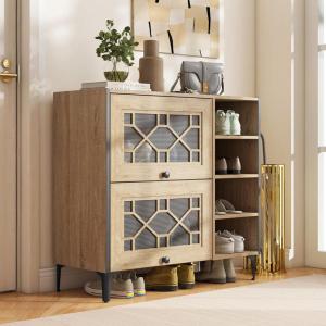 Giantex Shoe Cabinet with Flip & Slide Doors, Entry Way Shoe Rack Cabinet with Adjustable Cube Shelves, Freestanding Wood Shoe Cabinet Storage for Entryway, Closet, Hallway, Living Room, Foyer, Oak(Decorative Doors)