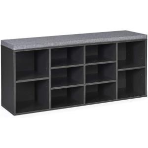 Giantex Shoe Storage Bench with Cushion, Entryway Shoe Rack Bench, Adjustable Shelves, 10-Cubbies Shoe Organizer Bench for Entryway, Living Room, Bedroom, Hallway, Closet, Mudroom (White)(Grey)