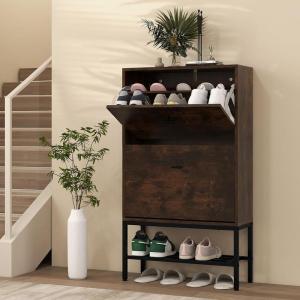 Giantex Shoe Storage Cabinet – Hidden Shoe Organizer with 2 Flip Drawers, Adjustable & Removable Interior Shelves, Freestanding Narrow Shoe Rack Cabinet for Entryway Hallway, Rustic Brown
