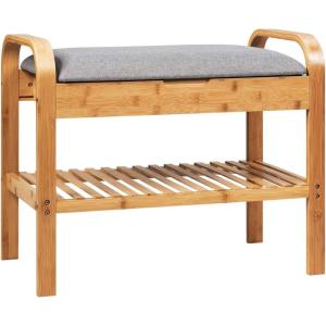 Giantex Small Entryway Bench with Storage, 2-Tier Bamboo Shoe Rack Bench with Flip Top Storage Space and Padded Cushion, Shoe Organizer for Entryway, Living Room, Hallway, Bedroom,Natural