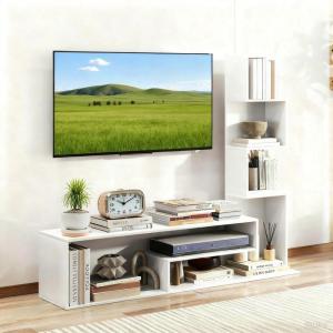 Giantex Small WhiteTV Stand for 32-50 Inch TV, L-Shaped Entertainment Center with Storage & 3 Tier Bookshelf, Wood Television Stands, Modern TV Console Table for Living Room, Bedroom