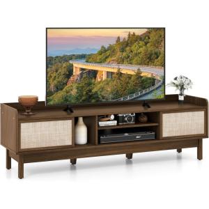 Giantex TV Stand for 65” TV, Entertainment Center with Woven Doors, Sliding Door, Adjustable Shelf & Compartment, Cable Holes, Mid Century Modern Media Console Table, Television Stands for Living Room