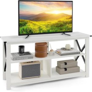 Giantex TV Stand for Bedroom, TV Cabinet for TV Up to 55″, Entertainment Center with Storage Shelf & Cable Hole, X-Shaped Metal Frame, TV Console Table for Living Room (White)(White)