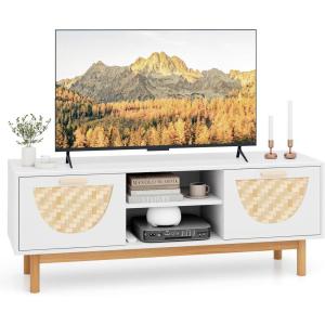 Giantex TV Stand for TV up to 55”, Television Stand with Open Shelves, 2 Drawers, Solid Wood Legs, TV Cabinet, Media Console Table for Office, Living Room, Bedroom, Entertainment Center, White