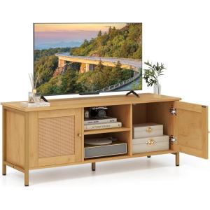 Giantex TV Stand for TVs up to 55” – Farmhouse Entertainment Center with 2 Cabinets, Storage Shelves, PE Rattan Doors, 5 Metal Legs, Cable Management Holes, Boho TV Media Console for Living Room