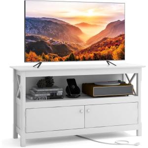Giantex TV Stand with Power Outlet for TVs up to 50 Inch, Entertainment Center with 2-Door Cabinet, Storage Shelf, 2 Cable Holes, Modern Media Console Table for Living Room, Bedroom, TV Cabinet, Brown(White)