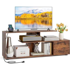 Giantex TV Stand with Power Outlet for TVs up to 55 Inch, Entertainment Center with Storage Cabinet & Open Shelves, Media Console Table, Modern Television Stands for Living Room Bedroom, Rustic Brown
