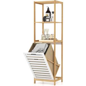 Giantex Tilt Out Laundry Hamper – Laundry Hamper Cabinet with 3 Tier Storage Shelves, Removable Laundry Basket, 51″ Tall Freestanding Bamboo Tower Hamper Organizer for Bathroom Small Space