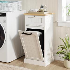 Giantex Tilt Out Laundry Hamper Cabinet, Bathroom Storage Cabinet with Drawer, Removable Laundry Basket, Bamboo Countertop, 10 Gallon Hidden Wood Laundry Cabinet (White)(White)