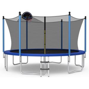 Giantex Trampoline with Basketball Hoop, 12 14 15 16 Ft Trampoline for Kids and Adults with Ladder, ASTM Approved Outdoor Large Recreational Trampoline with Net for Backyards, Park(12 Ft Inside Pad)