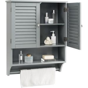 Giantex Wall Mounted Bathroom Cabinet with 2 Louvered Doors, 3-Position Adjustable Shelf, Towel Bar, Over The Toilet Space Saver, Above Toilet Hanging Medicine Cabinet (Espresso)(Grey)