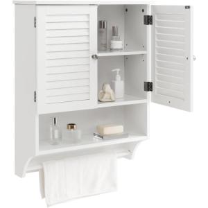 Giantex Wall Mounted Bathroom Cabinet with 2 Louvered Doors, 3-Position Adjustable Shelf, Towel Bar, Over The Toilet Space Saver, Above Toilet Hanging Medicine Cabinet (Espresso)(White)