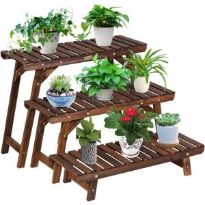 Giantex Wood Plant Stand, Multi Tier Flower Pot Holder Display Shelf for Home Balcony Patio Garden Flower Shop, Outdoor Indoor Ladder Flower Pot Organizer Display Rack (3 Tiers Step Plant Stand)