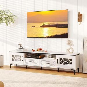 Giantex Wood TV Stand for TVs up to 80″, Modern Entertainment Center with Storage Drawers, Side Cabinets, Wood Television Stands, Media TV Console Table for Living Room Bedroom (Oak & Bluish Gray)(Antique White)