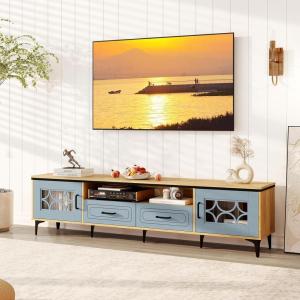 Giantex Wood TV Stand for TVs up to 80″, Modern Entertainment Center with Storage Drawers, Side Cabinets, Wood Television Stands, Media TV Console Table for Living Room Bedroom (Oak & Bluish Gray)(Oak & Bluish Gray)