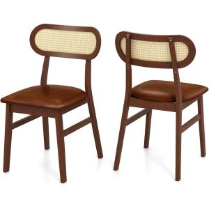 Giantex Wooden Dining Chairs Set of 2, PU Leather Upholstered Kitchen Chairs w/Breathable Mesh Cane Backrest, Rubber Wood Frame, Padded Seat, Farmhouse Armless Side Chairs for Dining Room, Coffee