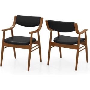 Giantex Wooden Dining Chairs Set of 2, PU Leather Upholstered Kitchen Chairs w/Padded Seat & Back, Rubber Wood Frame, Comfy Modern Armchairs, Mid-Century Side Chairs for Home, Living Room(Walnut+black)