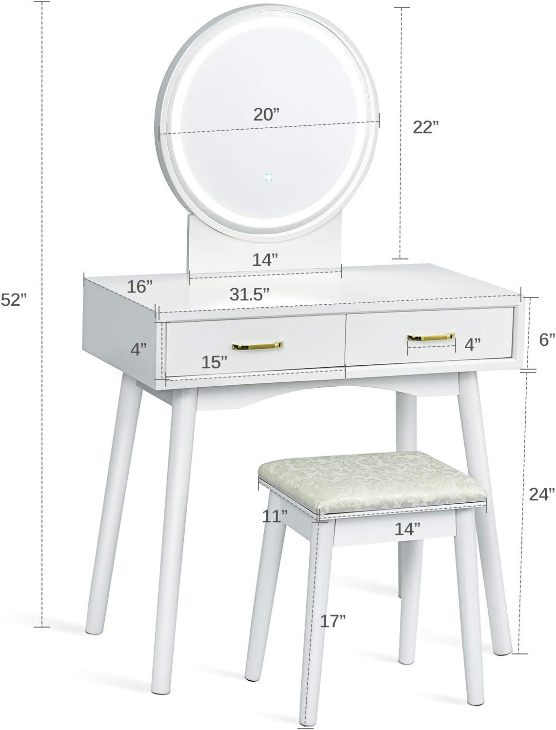image:imageCHARMAID Vanity Set with Touch Screen Dimming Lighted Mirror 3 Color Lighting Modes Modern Bedroom Makeup Dressing Table with 2 Sliding Drawers and Cushioned Stool for Girls Women WhiteWhite