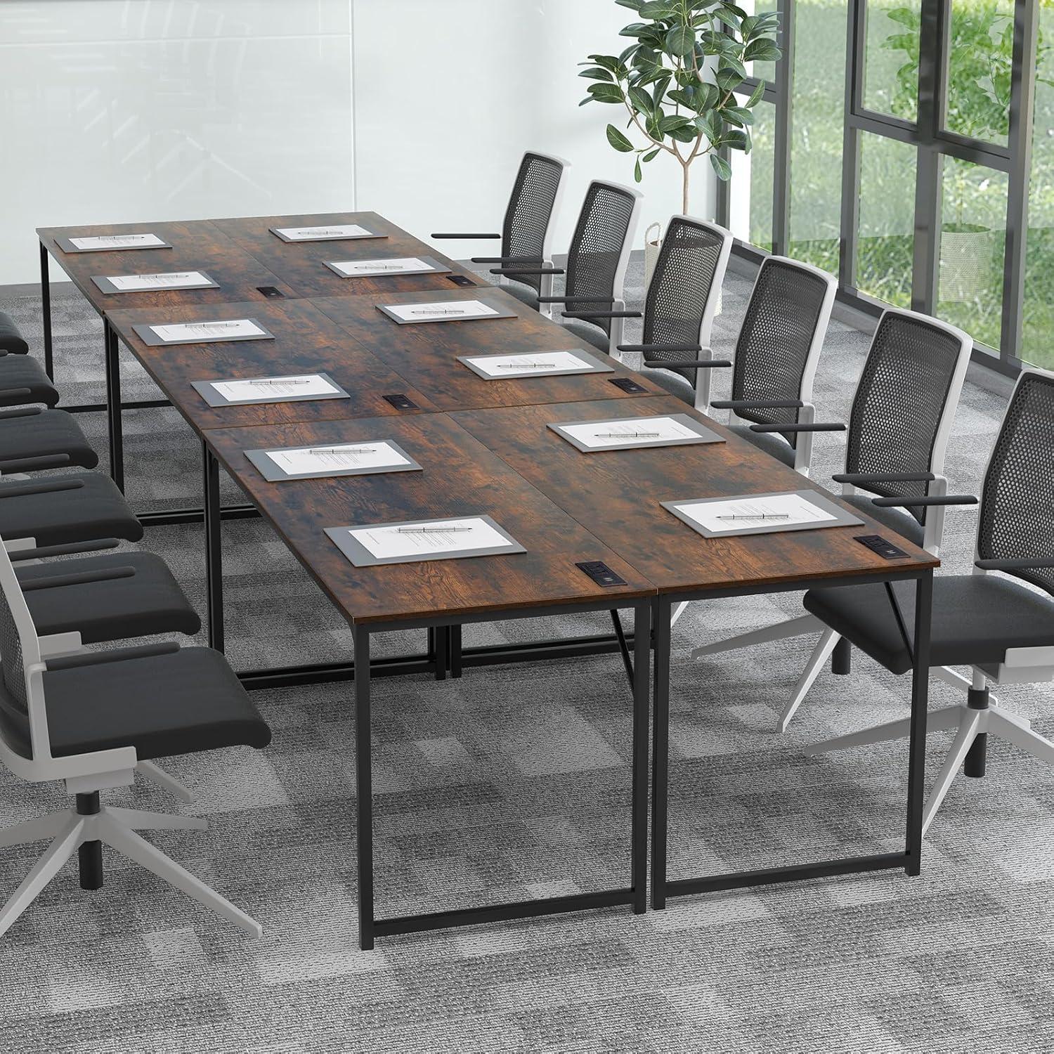 image:imageGiantex 10 FT Conference Table with Charging Station 2 PCS 60 x 24 Rectangular Large Meeting Room Desk with Storage Bag amp Hook Space Saving Seminar Table Modern Office Computer Desk for 4 PeopleRustic Brown