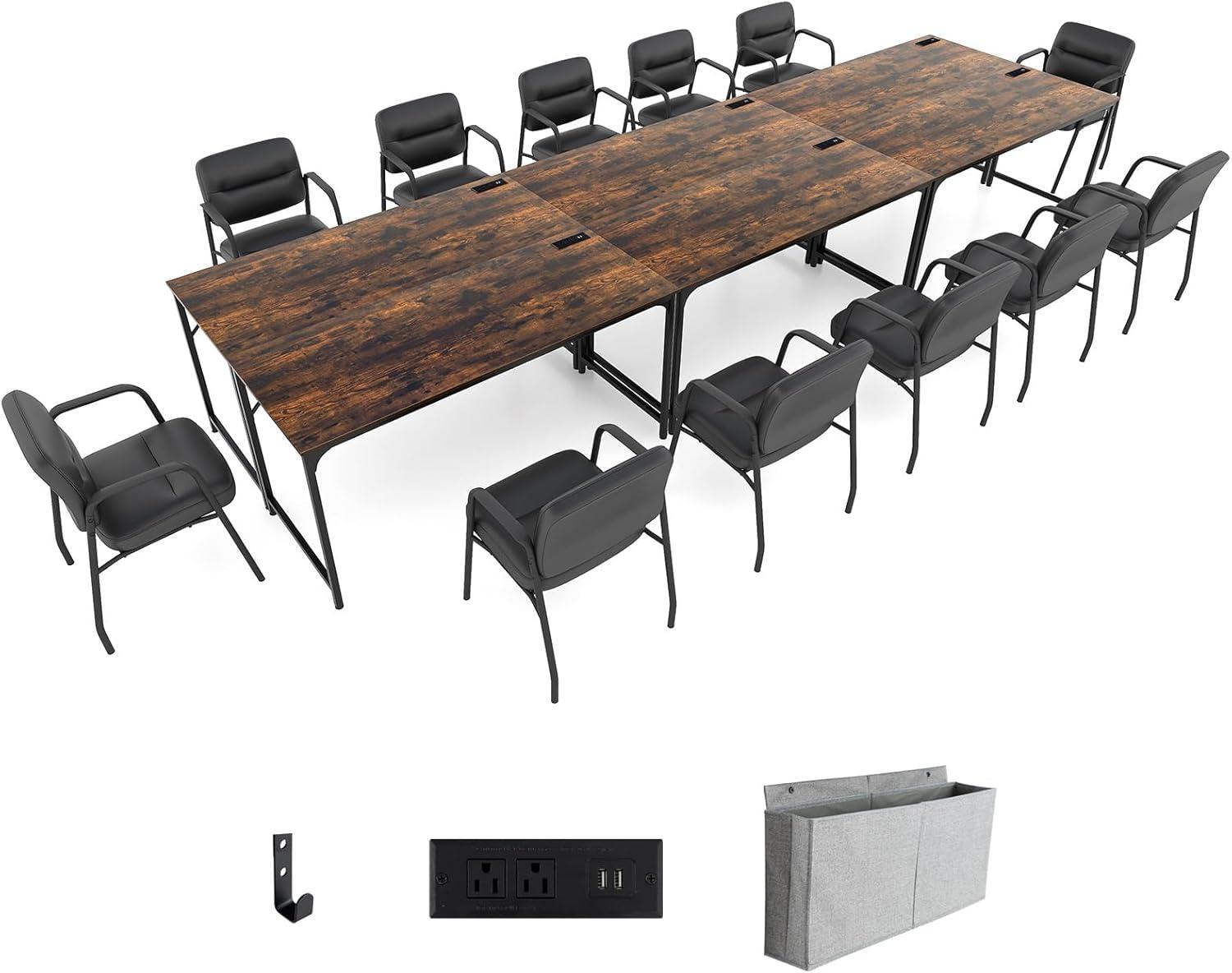 image:imageGiantex 10 FT Conference Table with Charging Station 2 PCS 60 x 24 Rectangular Large Meeting Room Desk with Storage Bag amp Hook Space Saving Seminar Table Modern Office Computer Desk for 4 PeopleRustic Brown