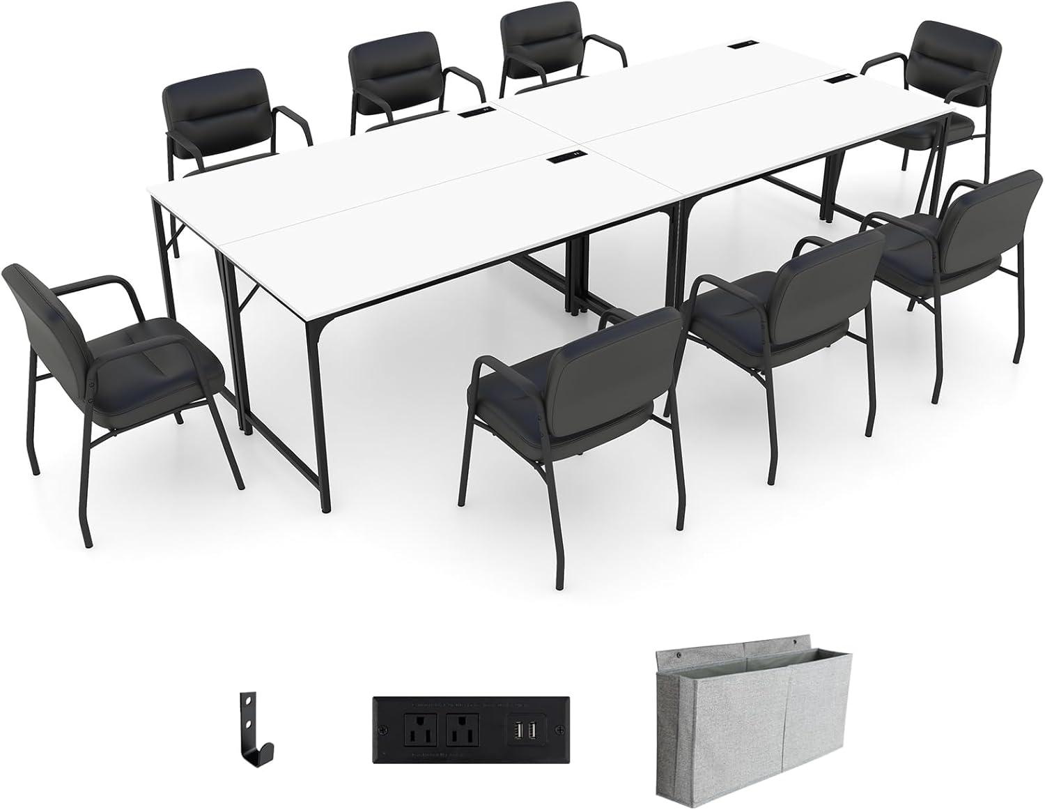image:imageGiantex 10 FT Conference Table with Charging Station 2 PCS 60 x 24 Rectangular Large Meeting Room Desk with Storage Bag amp Hook Space Saving Seminar Table Modern Office Computer Desk for 4 PeopleWhite