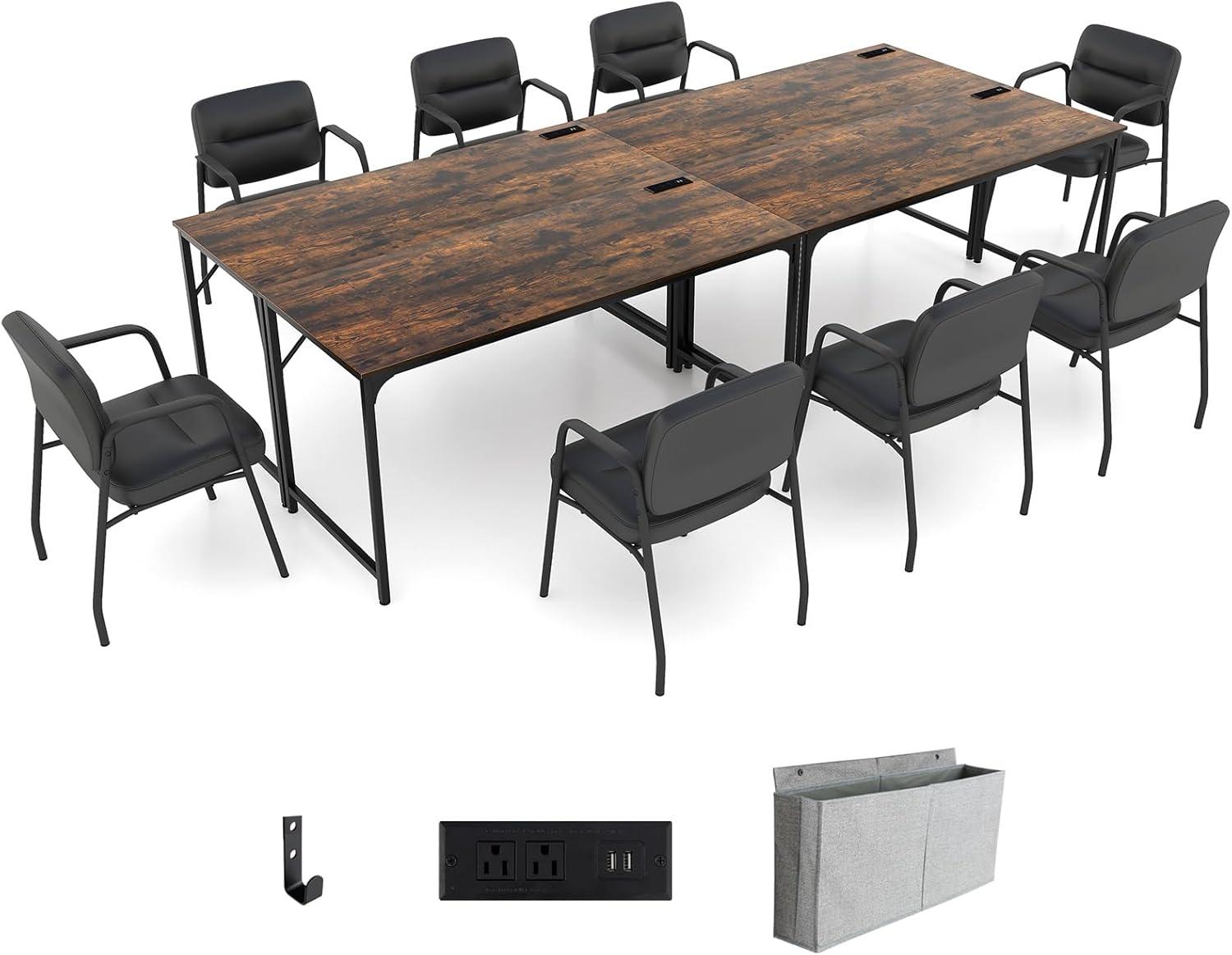 image:imageGiantex 10 FT Conference Table with Charging Station 2 PCS 60 x 24 Rectangular Large Meeting Room Desk with Storage Bag amp Hook Space Saving Seminar Table Modern Office Computer Desk for 4 PeopleRustic Brown