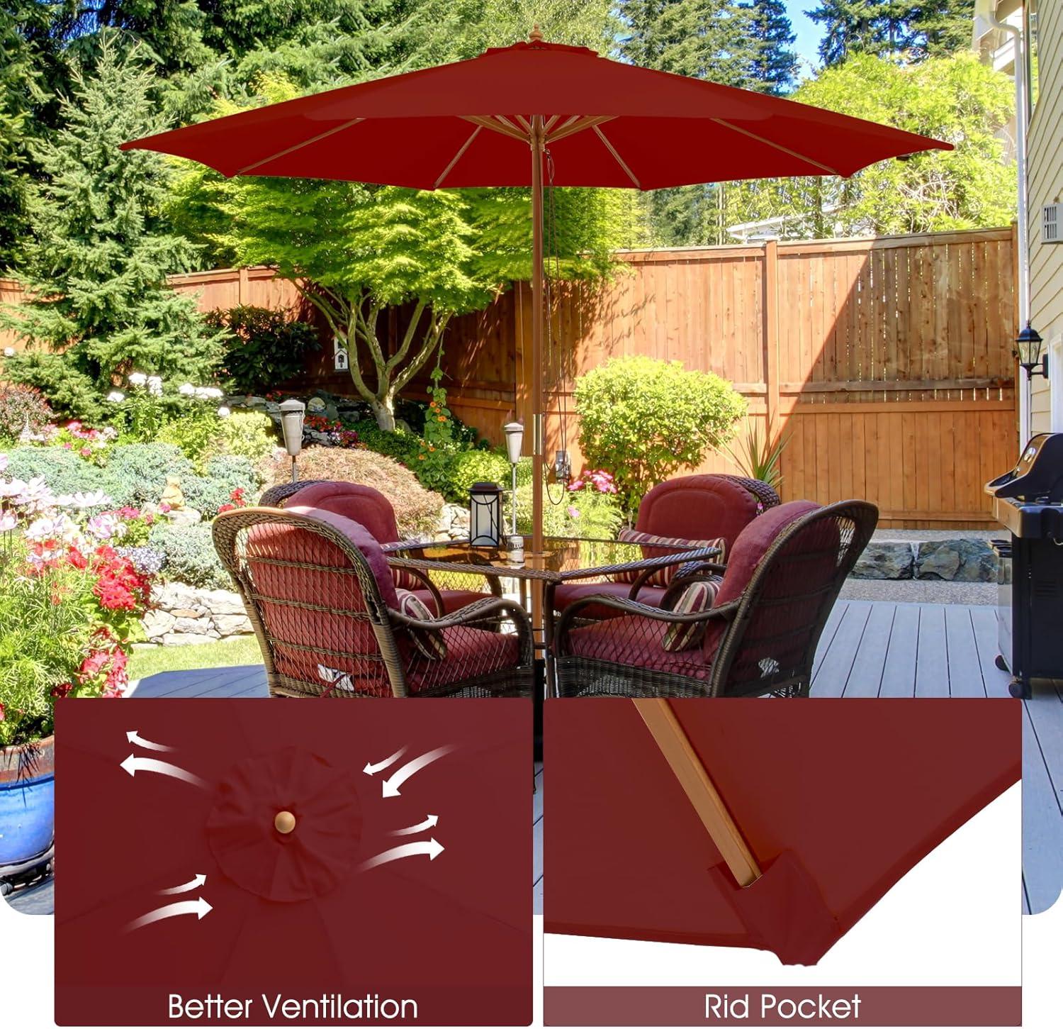 image:imageGiantex 10FT Patio Umbrella Outdoor Table Market Umbrella with 8 Bamboo Ribs Pulley Lift and Ventilation Hole Outdoor Sunshade Umbrella for Poolside Backyard BeachBurgundy