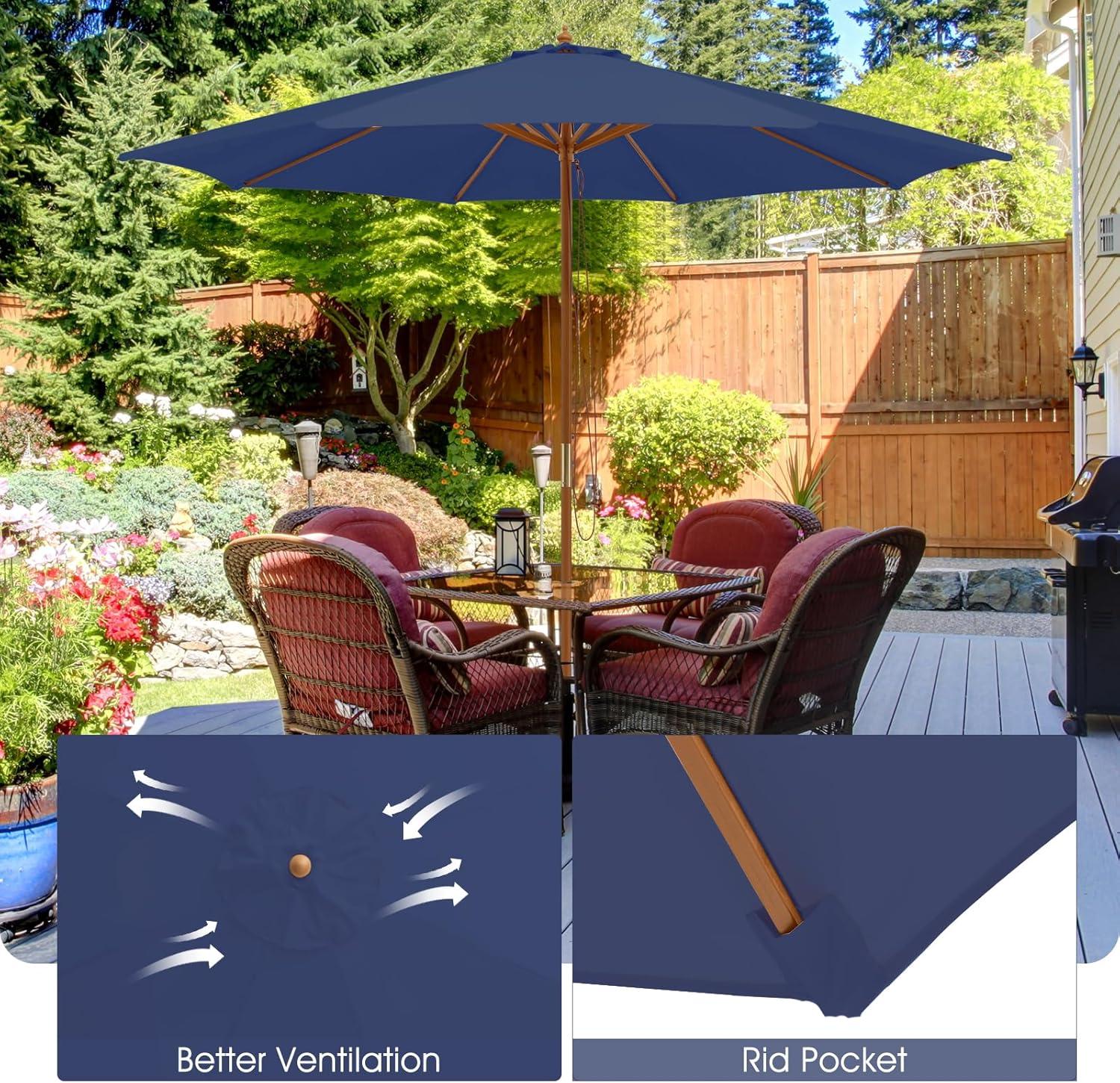 image:imageGiantex 10FT Patio Umbrella Outdoor Table Market Umbrella with 8 Bamboo Ribs Pulley Lift and Ventilation Hole Outdoor Sunshade Umbrella for Poolside Backyard BeachNavy