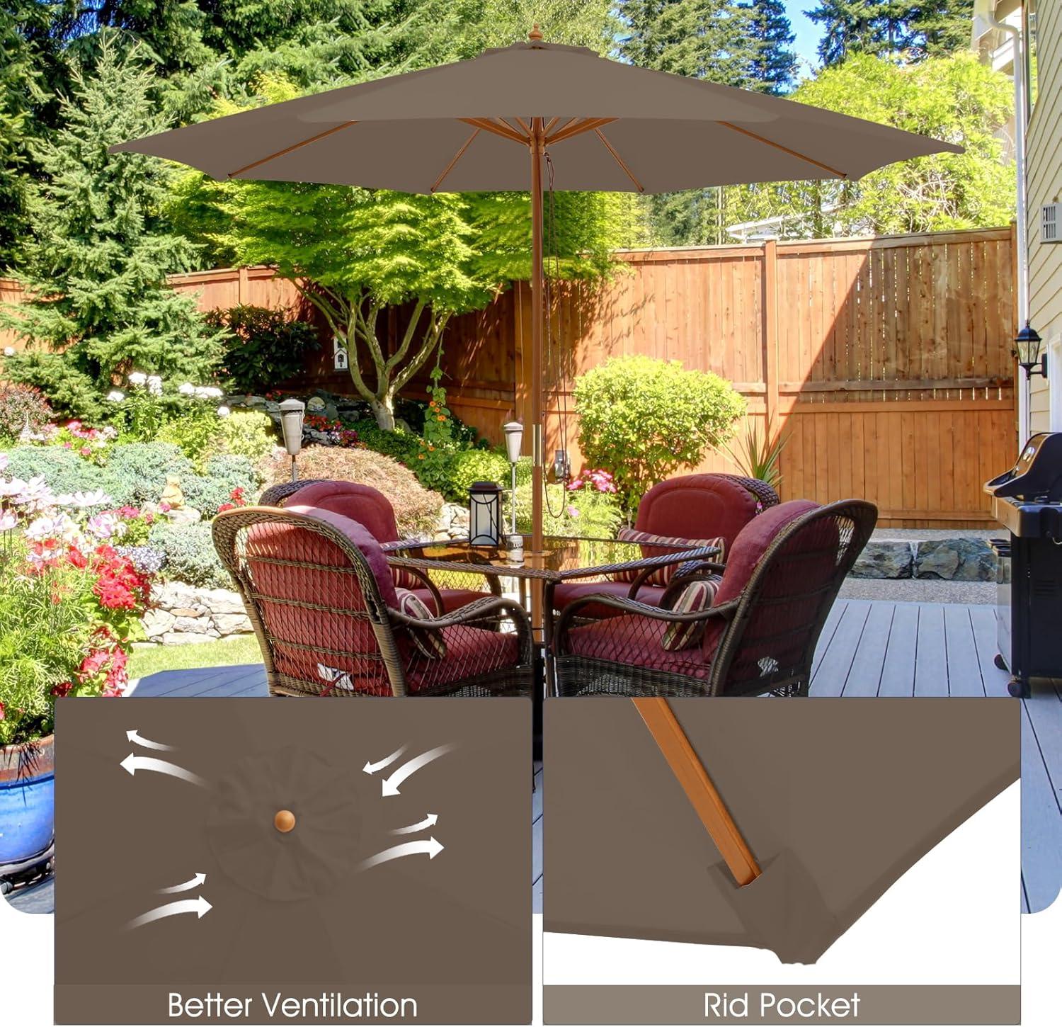 image:imageGiantex 10FT Patio Umbrella Outdoor Table Market Umbrella with 8 Bamboo Ribs Pulley Lift and Ventilation Hole Outdoor Sunshade Umbrella for Poolside Backyard BeachBrown