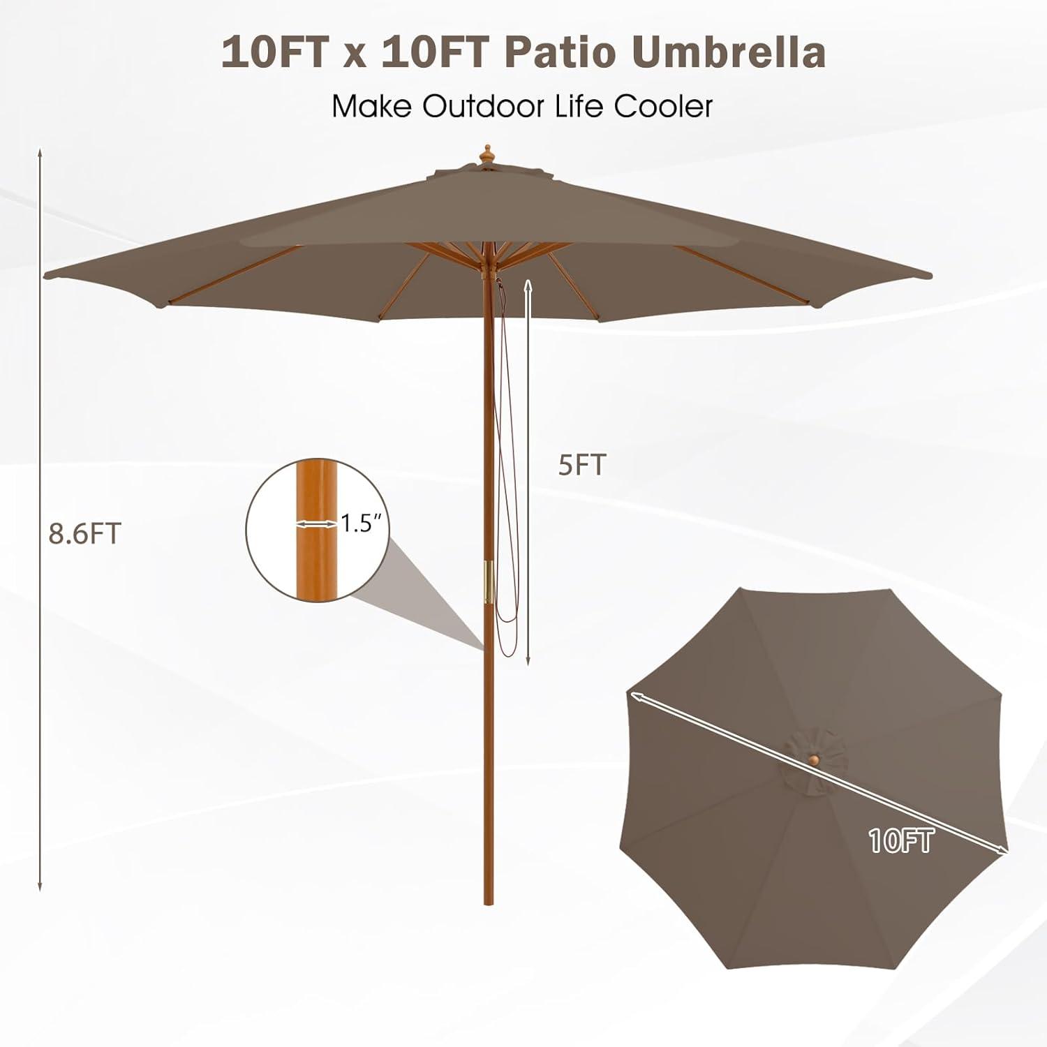 image:imageGiantex 10FT Patio Umbrella Outdoor Table Market Umbrella with 8 Bamboo Ribs Pulley Lift and Ventilation Hole Outdoor Sunshade Umbrella for Poolside Backyard BeachBrown