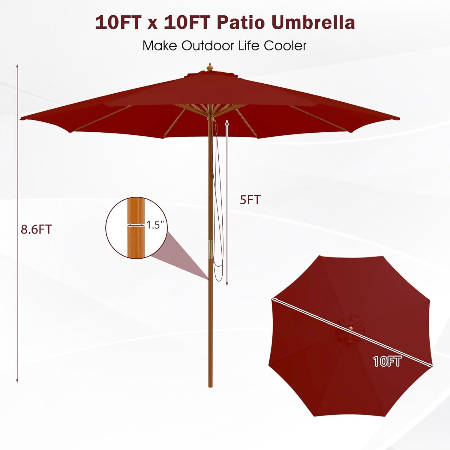 image:imageGiantex 10FT Patio Umbrella Outdoor Table Market Umbrella with 8 Bamboo Ribs Pulley Lift and Ventilation Hole Outdoor Sunshade Umbrella for Poolside Backyard BeachBurgundy