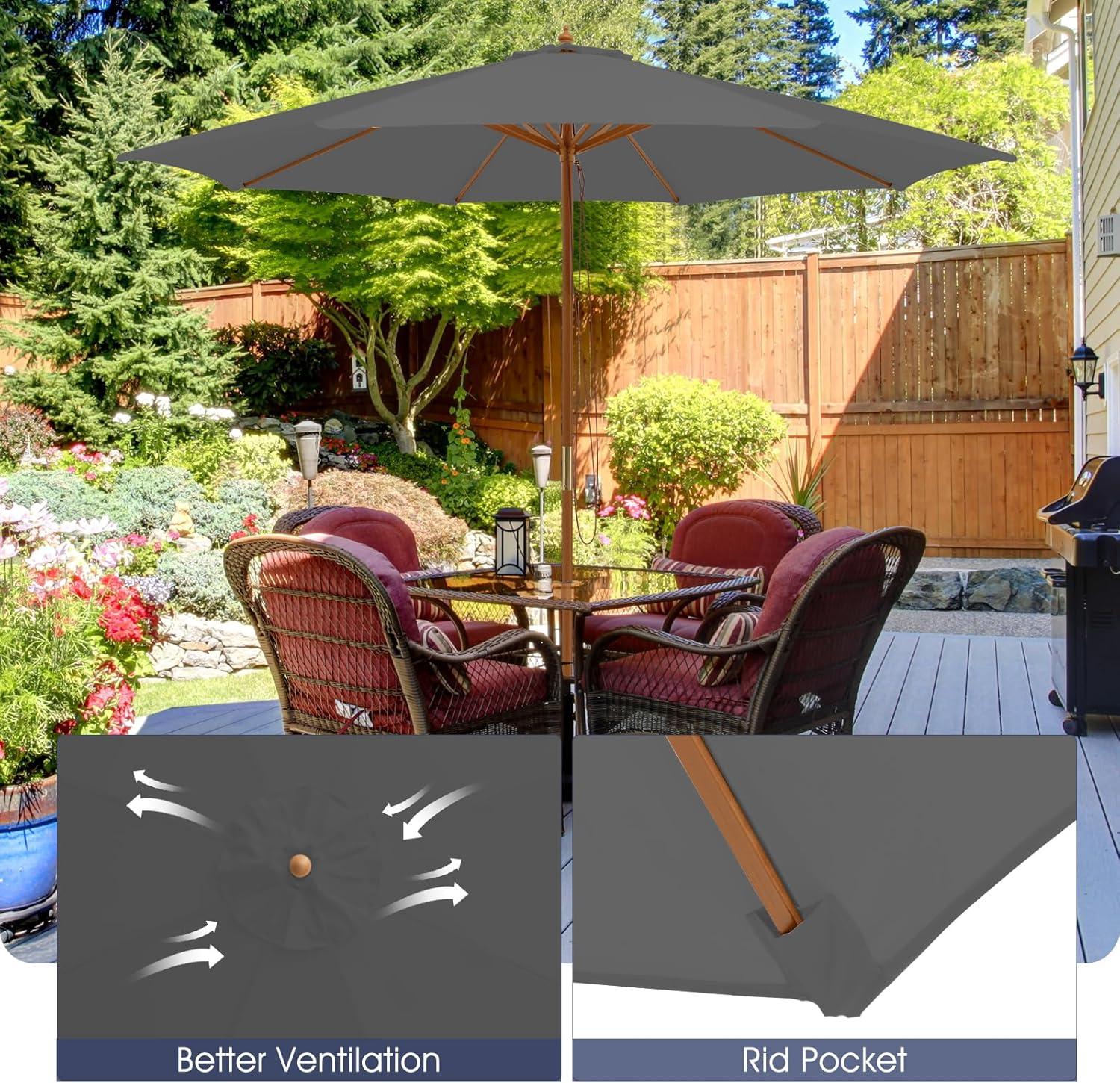 image:imageGiantex 10FT Patio Umbrella Outdoor Table Market Umbrella with 8 Bamboo Ribs Pulley Lift and Ventilation Hole Outdoor Sunshade Umbrella for Poolside Backyard BeachGray