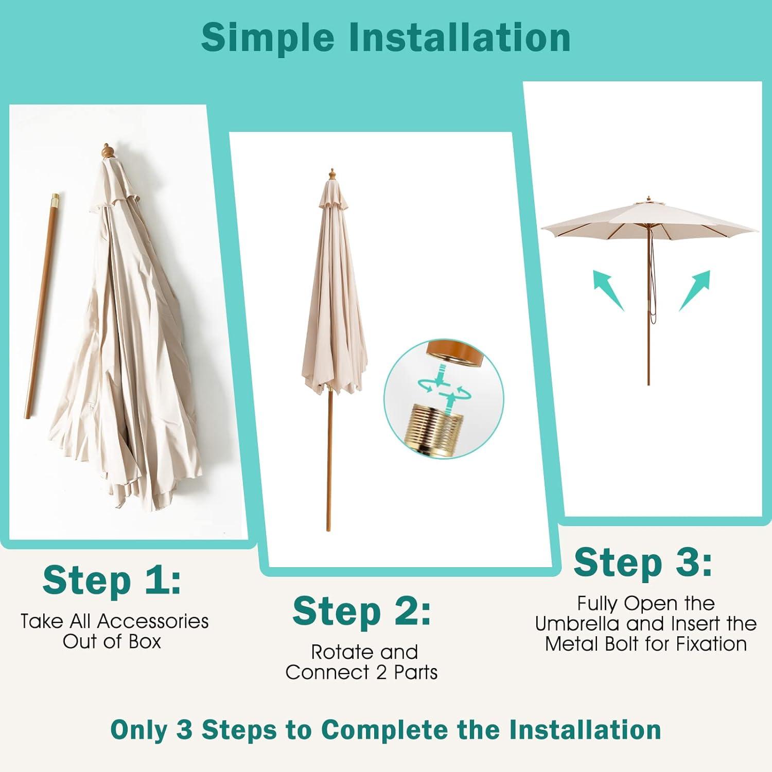 image:imageGiantex 10FT Patio Umbrella Outdoor Table Market Umbrella with 8 Bamboo Ribs Pulley Lift and Ventilation Hole Outdoor Sunshade Umbrella for Poolside Backyard BeachBeige