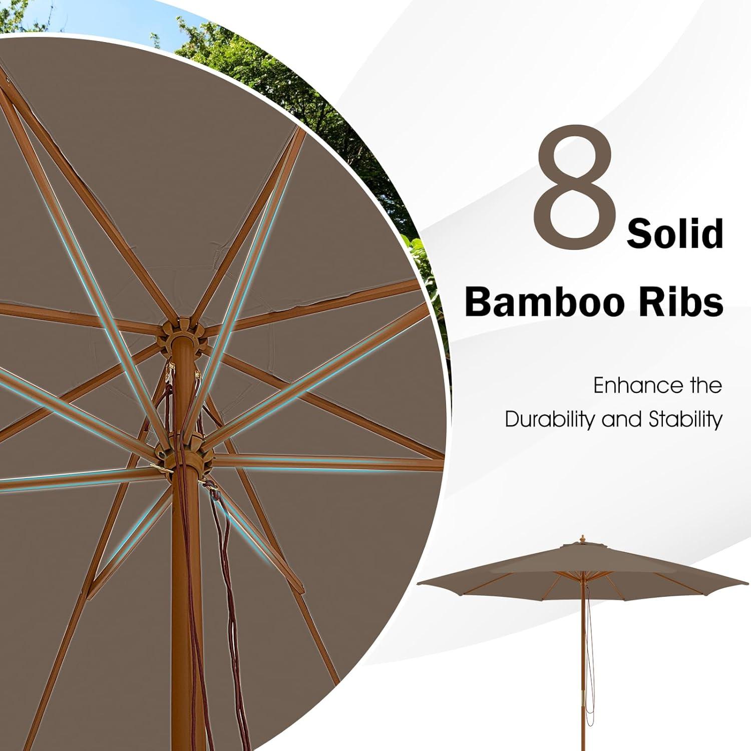 image:imageGiantex 10FT Patio Umbrella Outdoor Table Market Umbrella with 8 Bamboo Ribs Pulley Lift and Ventilation Hole Outdoor Sunshade Umbrella for Poolside Backyard BeachBrown