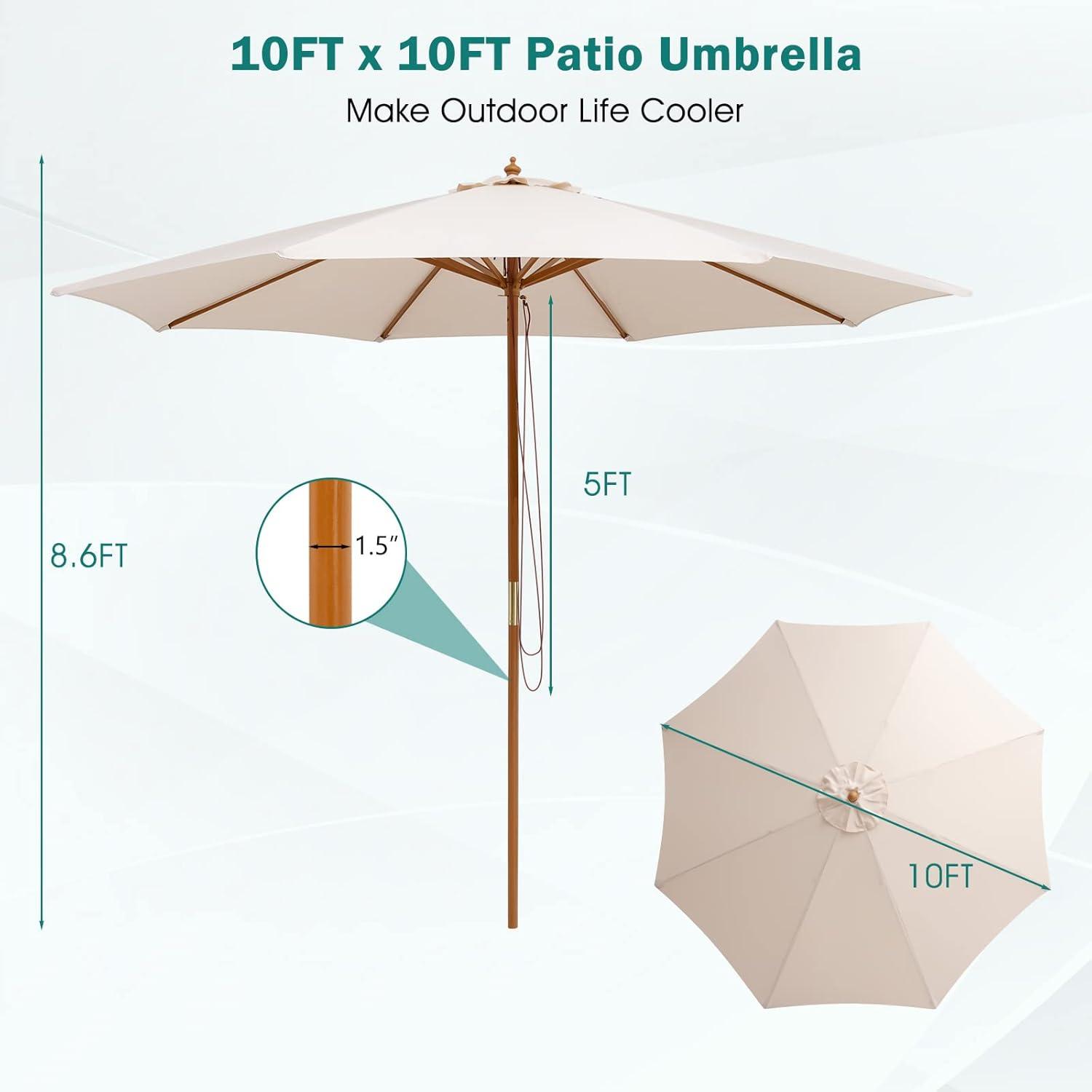 image:imageGiantex 10FT Patio Umbrella Outdoor Table Market Umbrella with 8 Bamboo Ribs Pulley Lift and Ventilation Hole Outdoor Sunshade Umbrella for Poolside Backyard BeachBeige