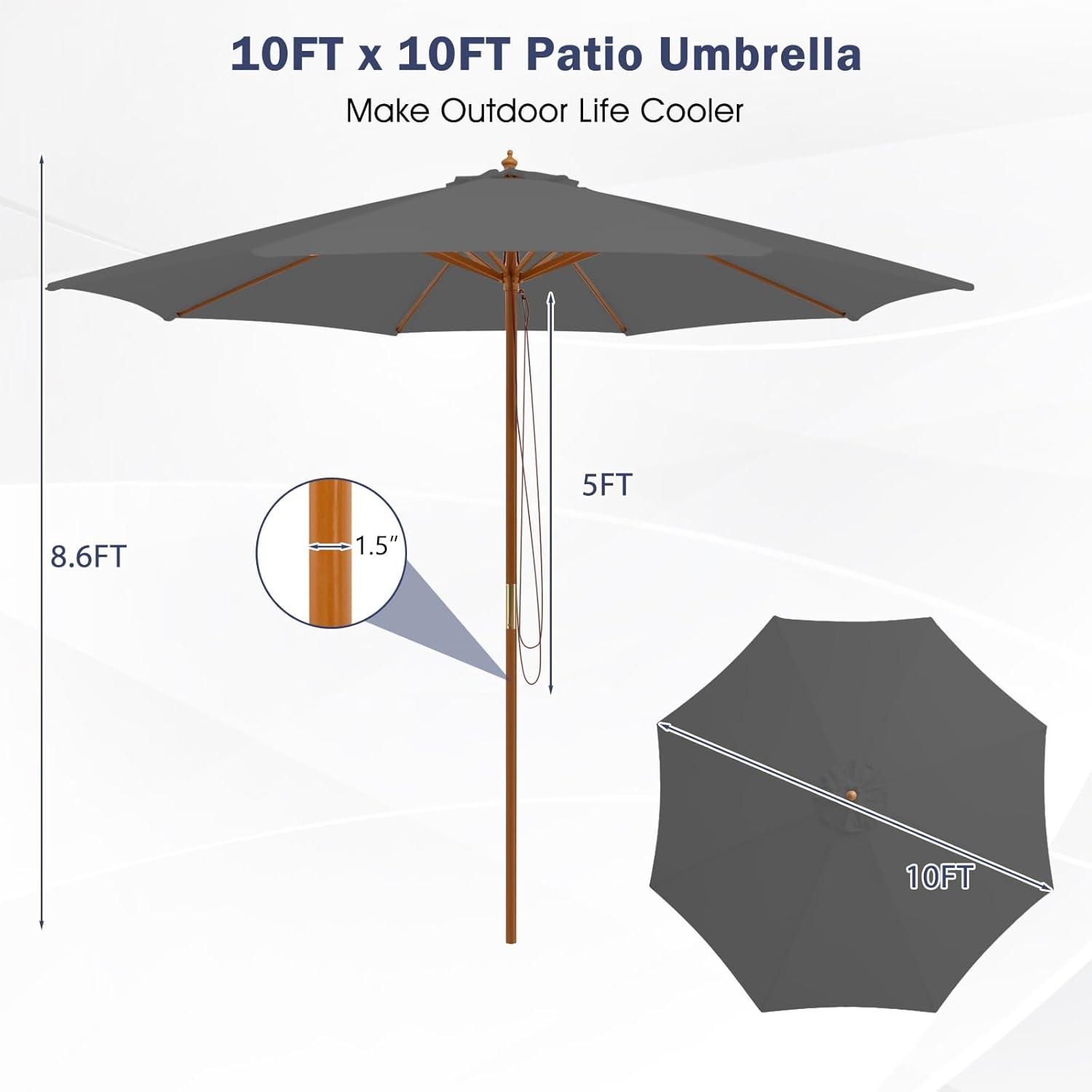 image:imageGiantex 10FT Patio Umbrella Outdoor Table Market Umbrella with 8 Bamboo Ribs Pulley Lift and Ventilation Hole Outdoor Sunshade Umbrella for Poolside Backyard BeachGray