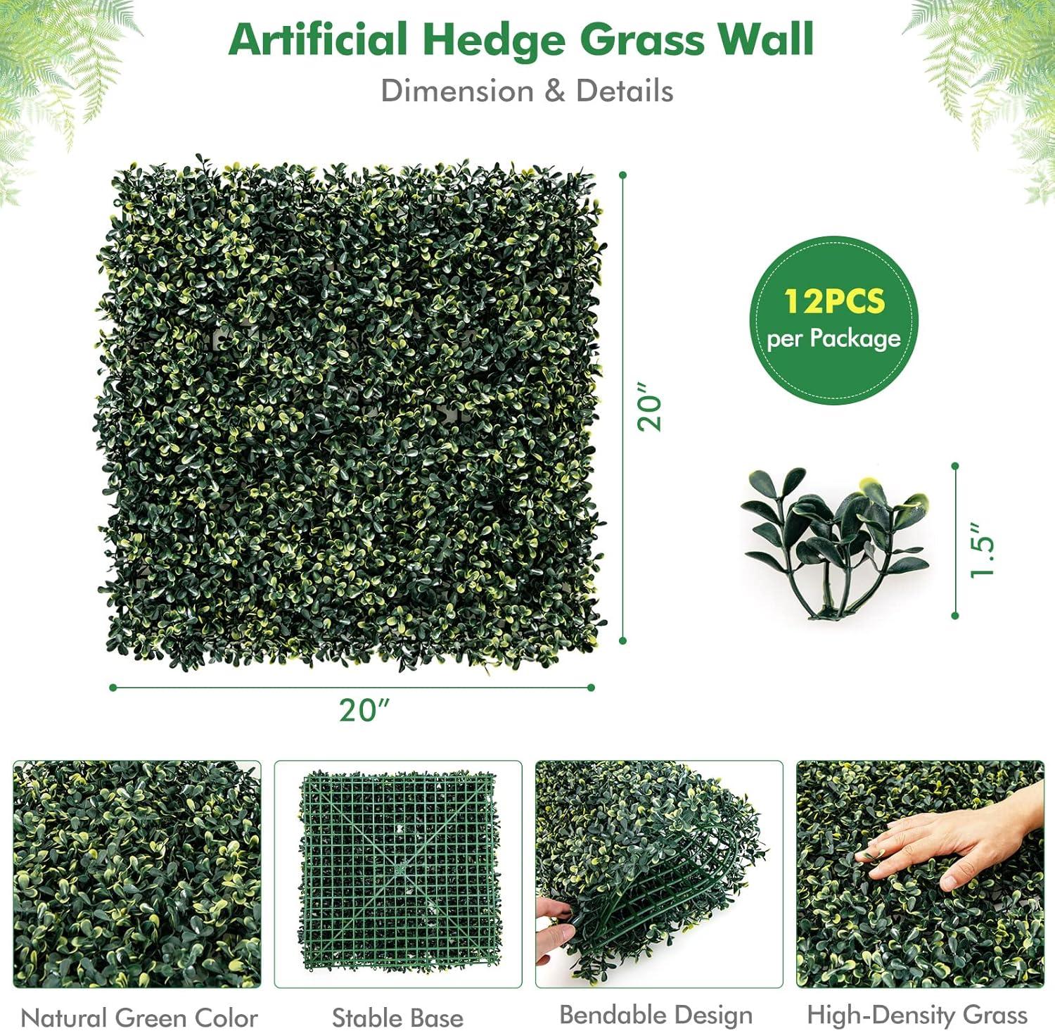 image:imageGiantex 12PCS 20x20inch Artificial Boxwood Panels 333 Square Feet Faux Greenery Wall Privacy Hedge Screen for Wedding Decorations Fence Backdrop Outdoor Patio Garden Topiary Hedge Protective ScreenGreen Peanut Leaves