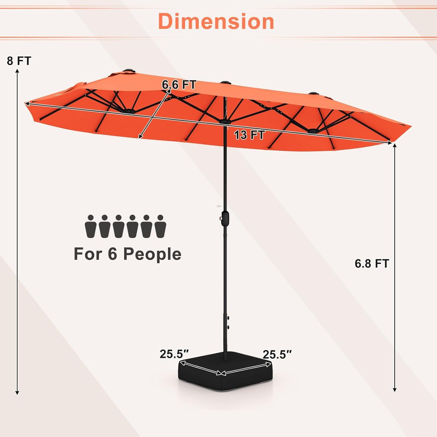 image:imageGiantex 13ft Large Patio Umbrella with Base DoubleSided Outdoor Umbrella with Crank Handle Umbrella Base Stand with 2 Sandbags 12 Metal Ribs Market Umbrellas for Garden Poolside DeckOrange