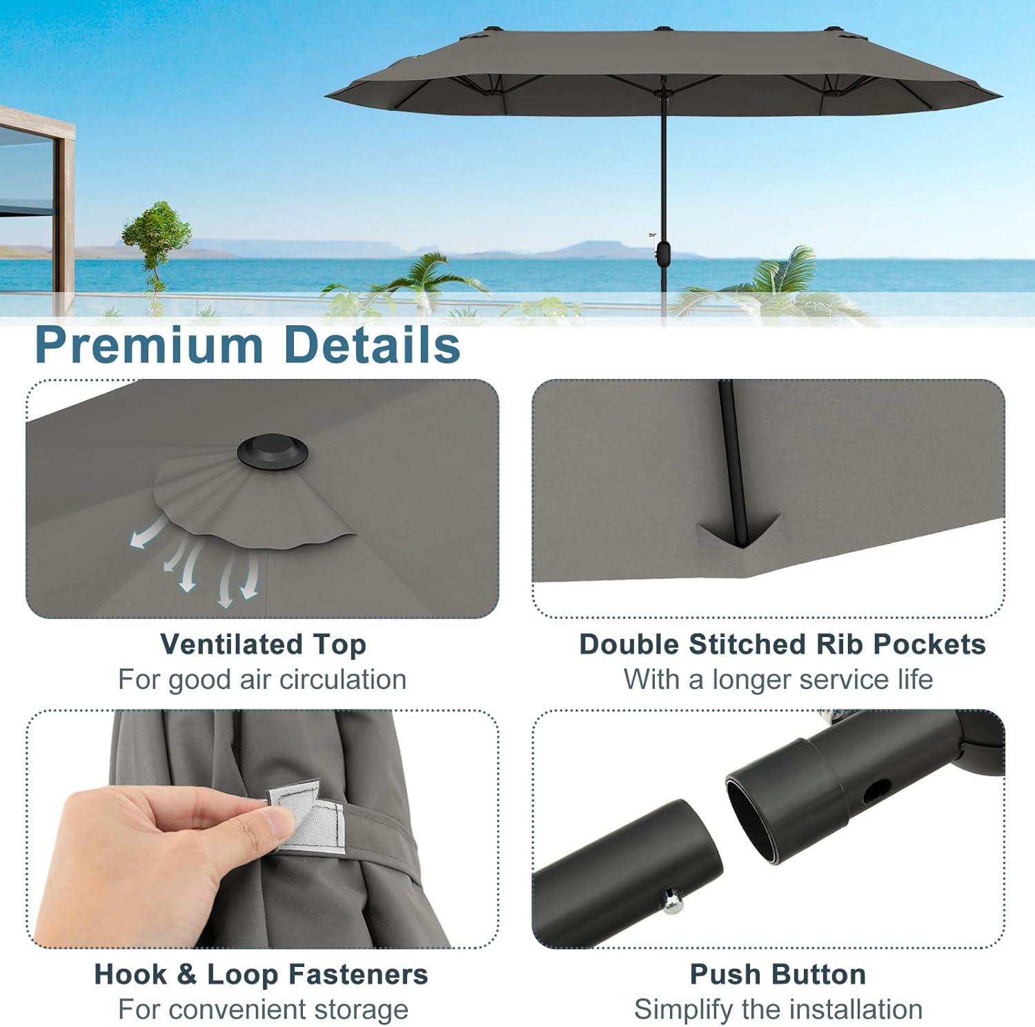 image:imageGiantex 13ft Large Patio Umbrella with Base DoubleSided Outdoor Umbrella with Crank Handle Umbrella Base Stand with 2 Sandbags 12 Metal Ribs Market Umbrellas for Garden Poolside DeckGray