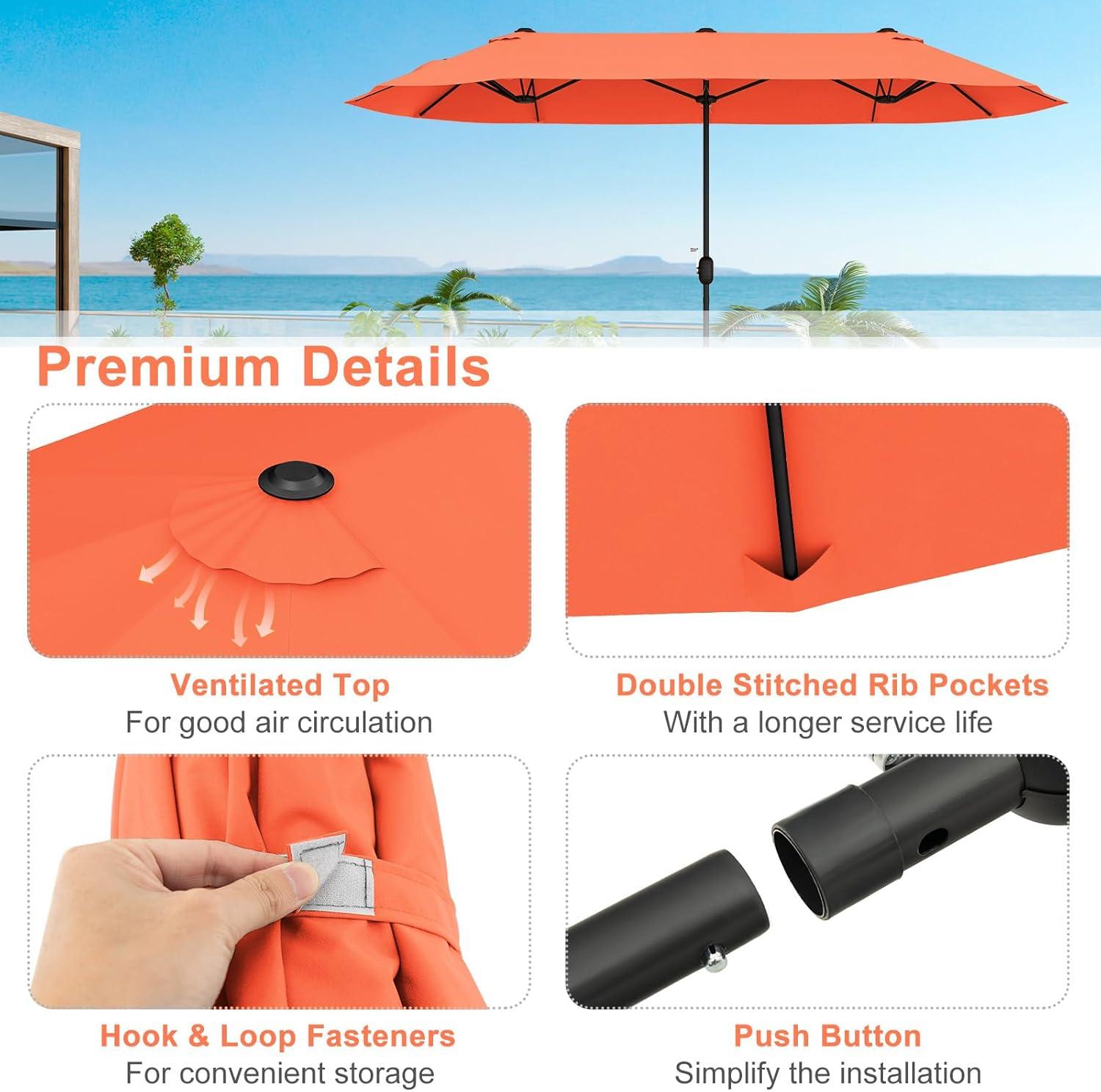 image:imageGiantex 13ft Large Patio Umbrella with Base DoubleSided Outdoor Umbrella with Crank Handle Umbrella Base Stand with 2 Sandbags 12 Metal Ribs Market Umbrellas for Garden Poolside DeckOrange