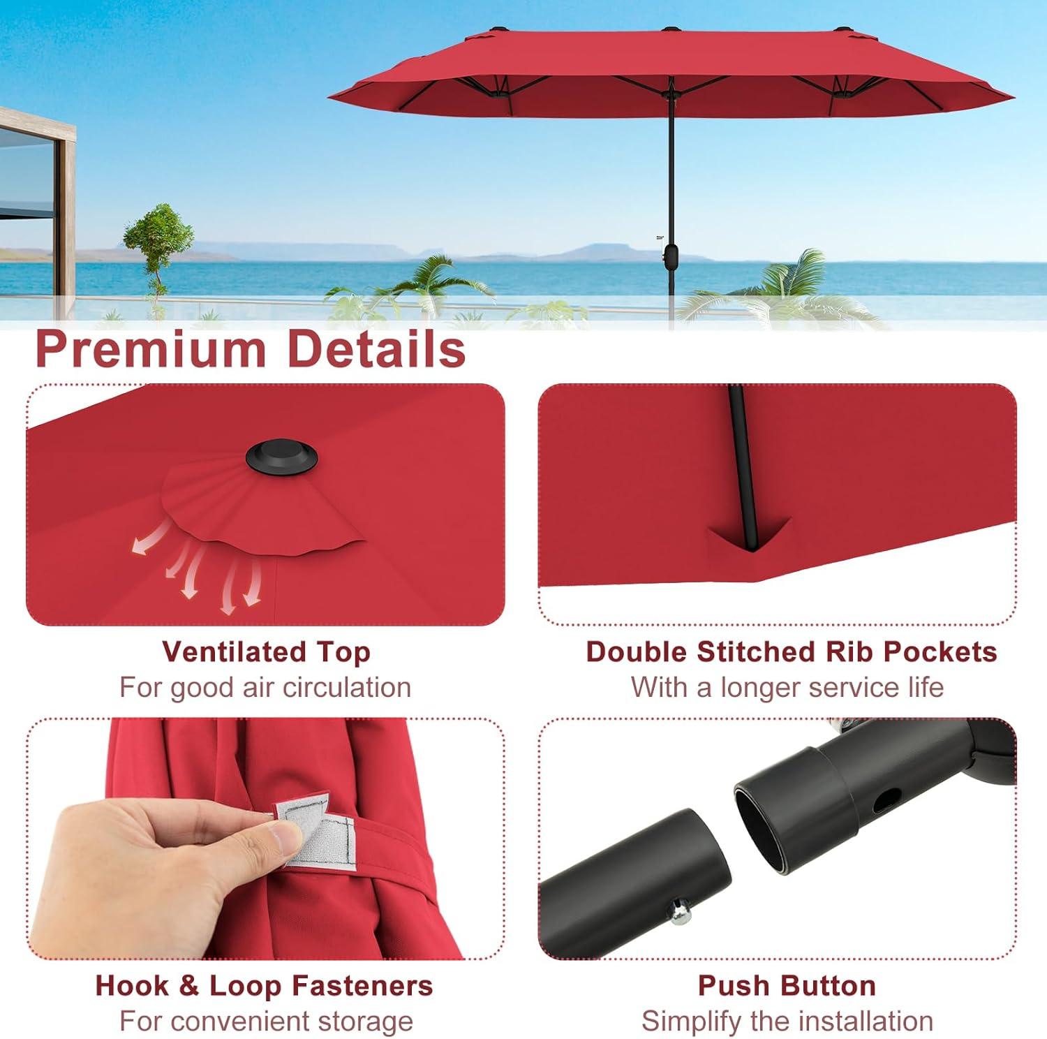 image:imageGiantex 13ft Large Patio Umbrella with Base DoubleSided Outdoor Umbrella with Crank Handle Umbrella Base Stand with 2 Sandbags 12 Metal Ribs Market Umbrellas for Garden Poolside DeckBurgundy