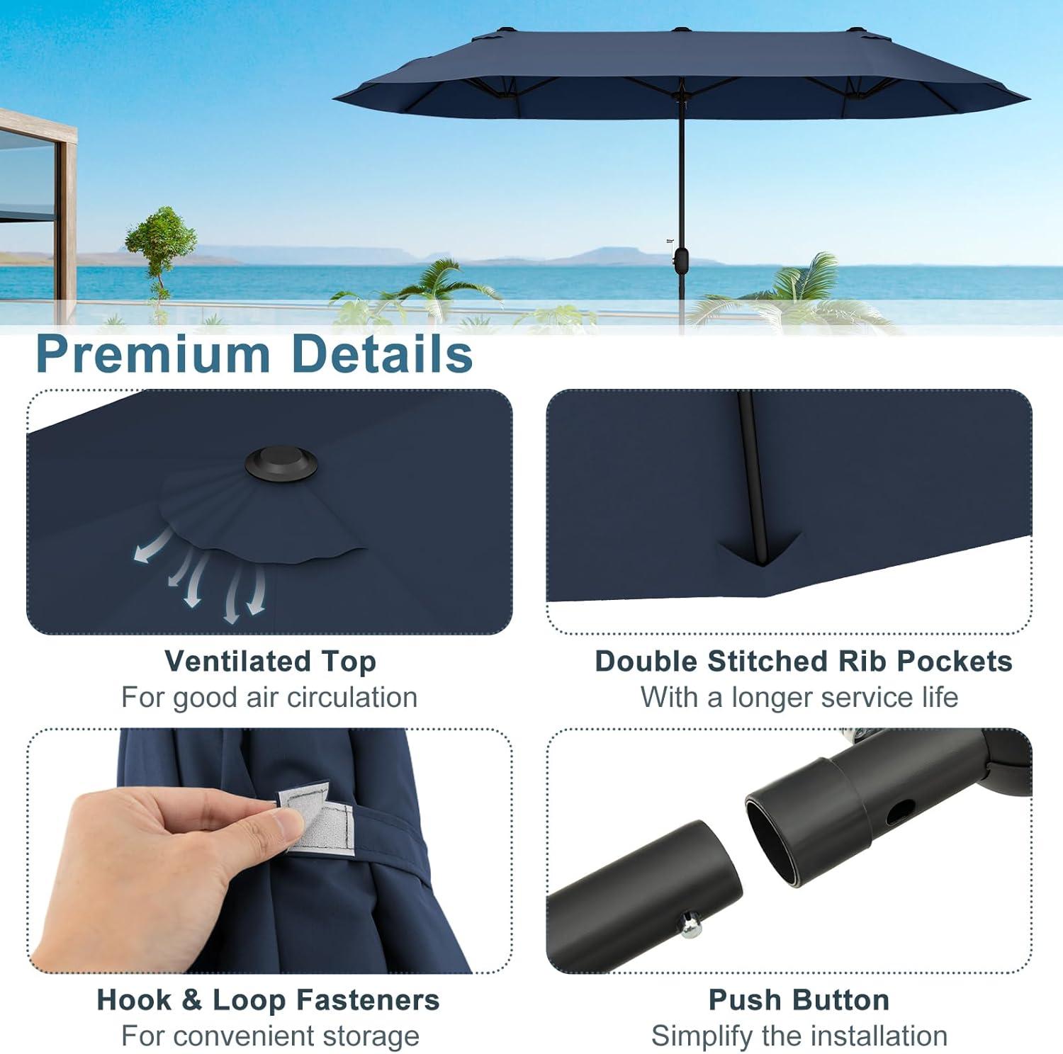 image:imageGiantex 13ft Large Patio Umbrella with Base DoubleSided Outdoor Umbrella with Crank Handle Umbrella Base Stand with 2 Sandbags 12 Metal Ribs Market Umbrellas for Garden Poolside DeckNavy