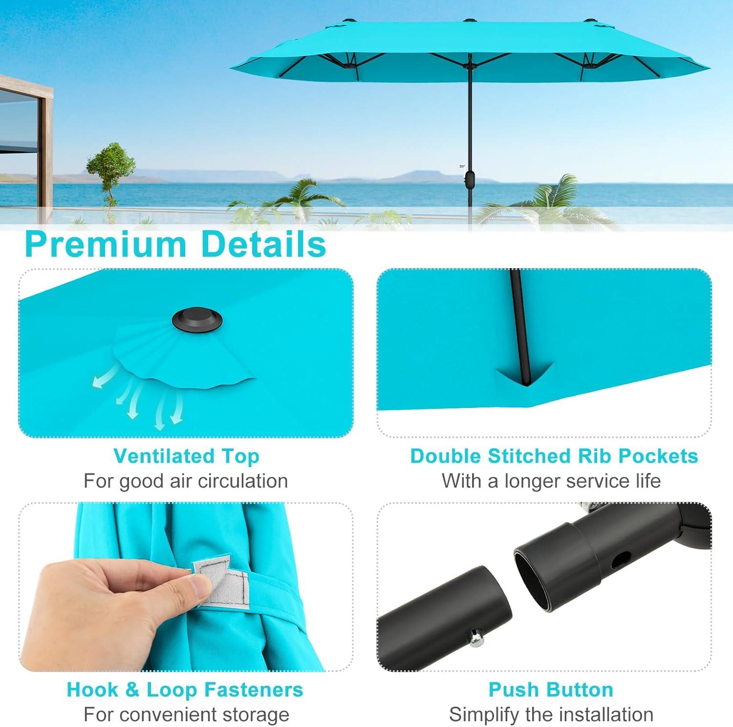 image:imageGiantex 13ft Large Patio Umbrella with Base DoubleSided Outdoor Umbrella with Crank Handle Umbrella Base Stand with 2 Sandbags 12 Metal Ribs Market Umbrellas for Garden Poolside DeckTurquoise