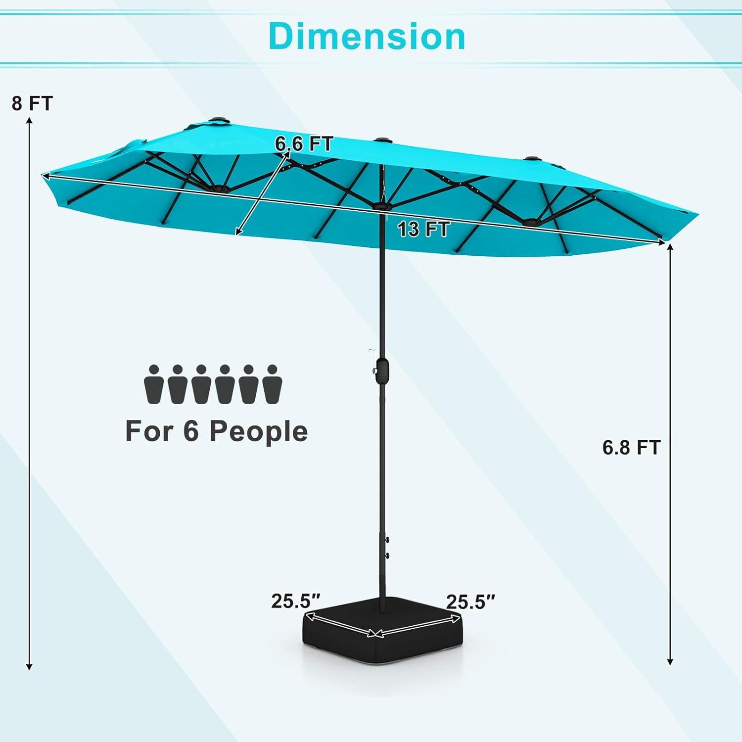 image:imageGiantex 13ft Large Patio Umbrella with Base DoubleSided Outdoor Umbrella with Crank Handle Umbrella Base Stand with 2 Sandbags 12 Metal Ribs Market Umbrellas for Garden Poolside DeckTurquoise