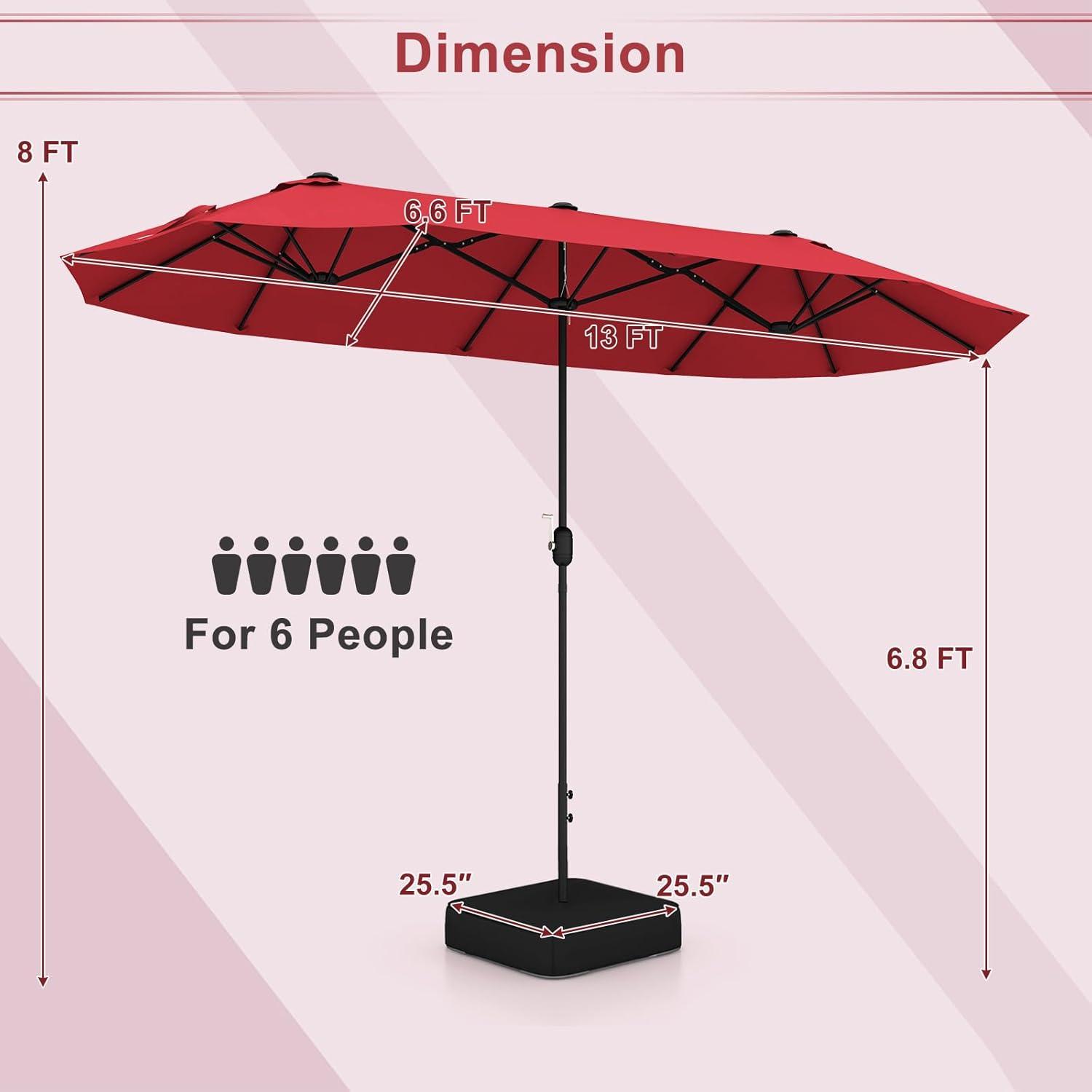 image:imageGiantex 13ft Large Patio Umbrella with Base DoubleSided Outdoor Umbrella with Crank Handle Umbrella Base Stand with 2 Sandbags 12 Metal Ribs Market Umbrellas for Garden Poolside DeckBurgundy