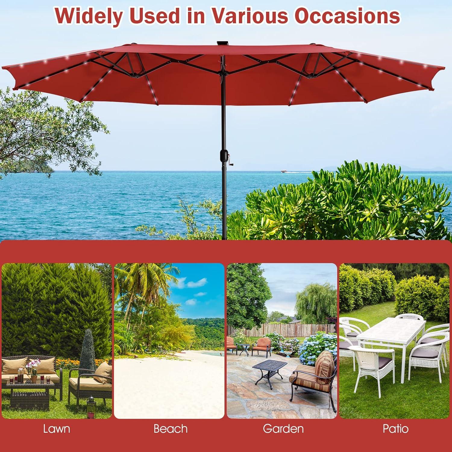 image:imageGiantex 15 FT Double Patio Umbrellas with 48 Solar LED Lights AutoCharging Panel Crank System Outdoor ExtraLarge Rectangle Market Table Umbrella for Garden Deck Backyard Beach PoolBurgundy