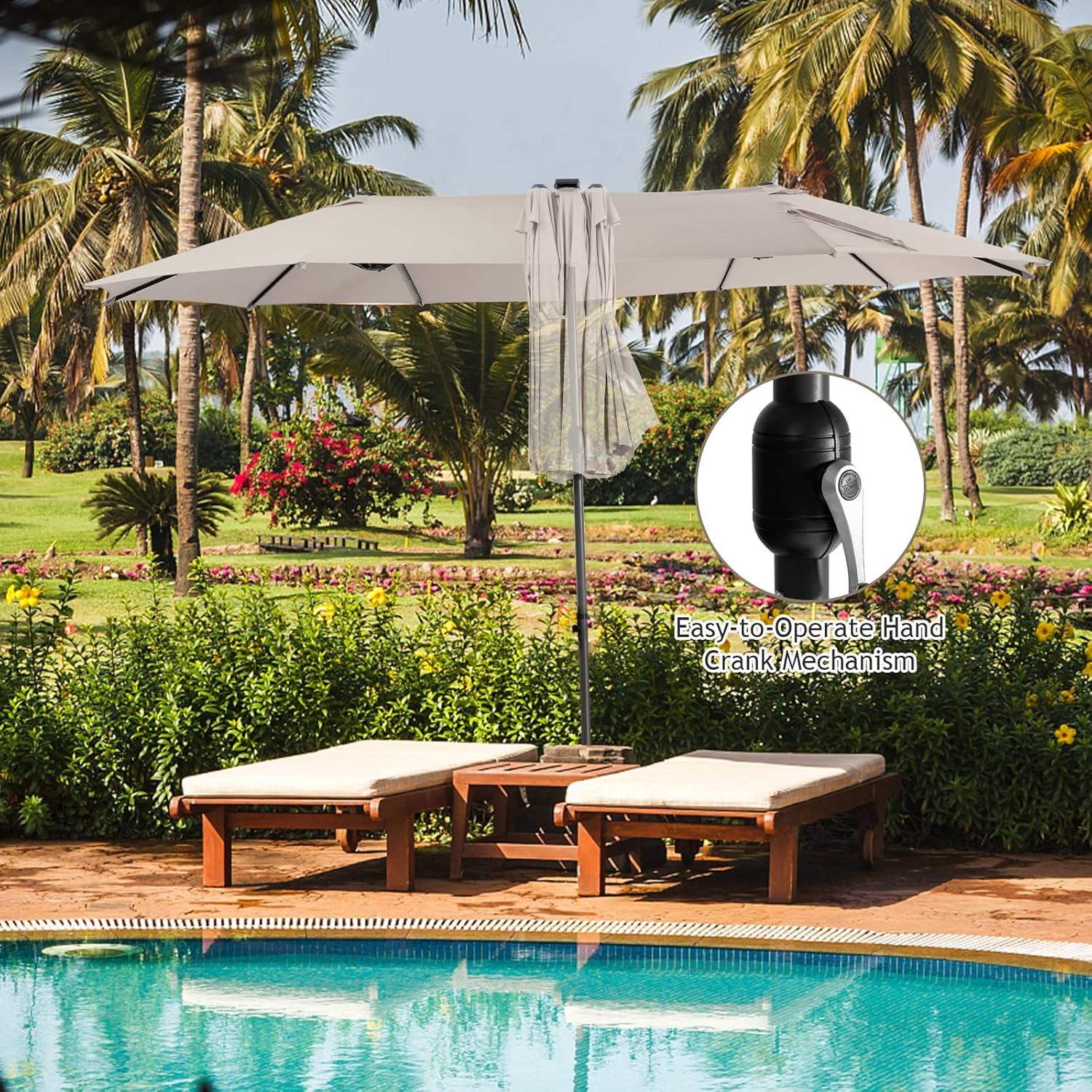 image:imageGiantex 15 FT Double Patio Umbrellas with 48 Solar LED Lights AutoCharging Panel Crank System Outdoor ExtraLarge Rectangle Market Table Umbrella for Garden Deck Backyard Beach PoolBeige
