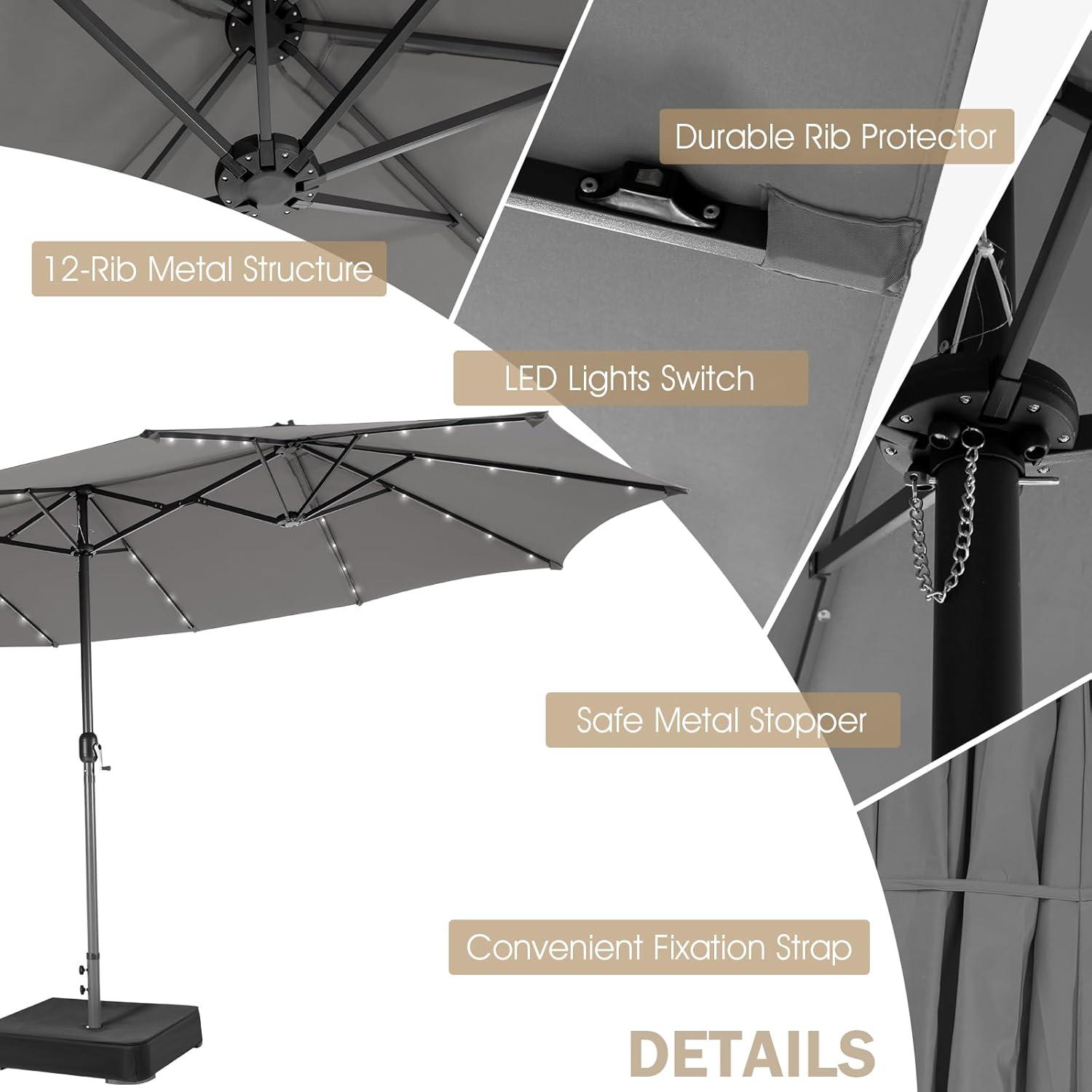 image:imageGiantex 15ft Large Outdoor Umbrella DoubleSided 48 Solar Lights AutoCharging Solar Panel Extra Large Patio Umbrella with Base and Crank Outdoor Market Umbrellas for Poolside GardenGray