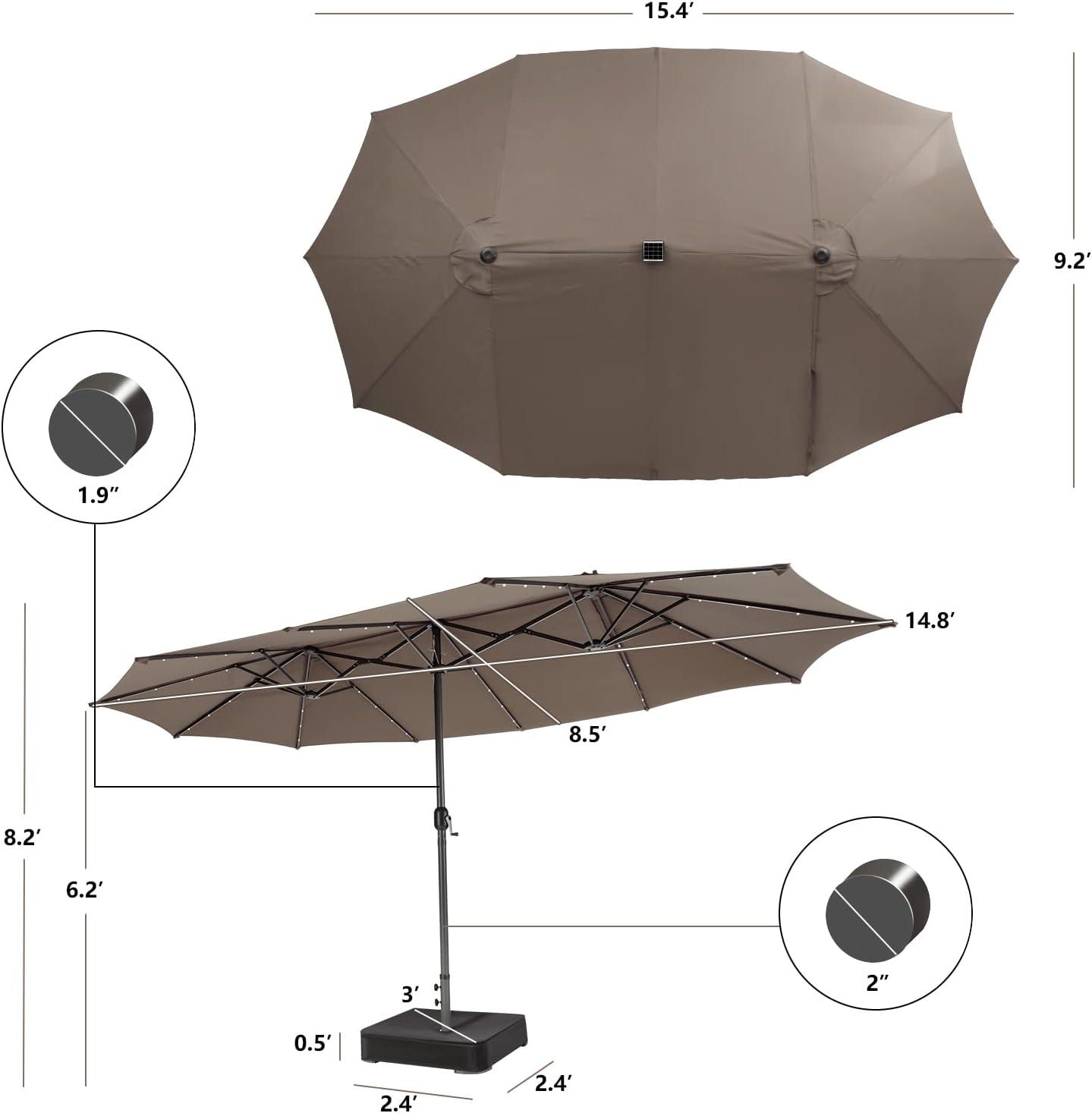 image:imageGiantex 15ft Large Outdoor Umbrella DoubleSided 48 Solar Lights AutoCharging Solar Panel Extra Large Patio Umbrella with Base and Crank Outdoor Market Umbrellas for Poolside GardenTan